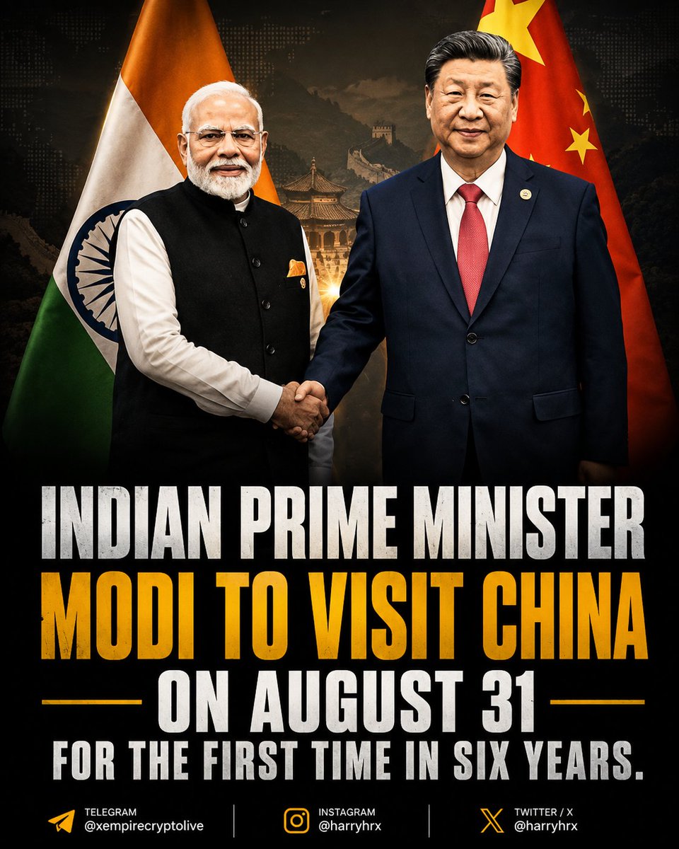 harryhrx's tweet photo. PM Modi to visit China on August 31, marking his first visit in six years. 🇮🇳🇨🇳

#PMModi #IndiaChina #ChinaVisit #BreakingNews #IndiaNews https://t.co/1GKiPtLjJZ