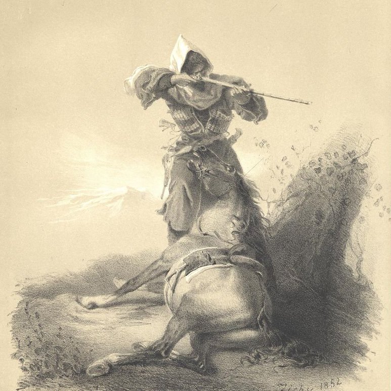 stramaplive's tweet photo. “The Shot” (Le Coup de Feu) — Created in 1852 as part of his famous Scènes du Caucase (Scenes of the Caucasus) series, this piece captures a highlander—most likely an Adyghe or Abaza warrior—taking aim with a musket from behind his downed, sheltering horse. https://t.co/8FQnC6THLo