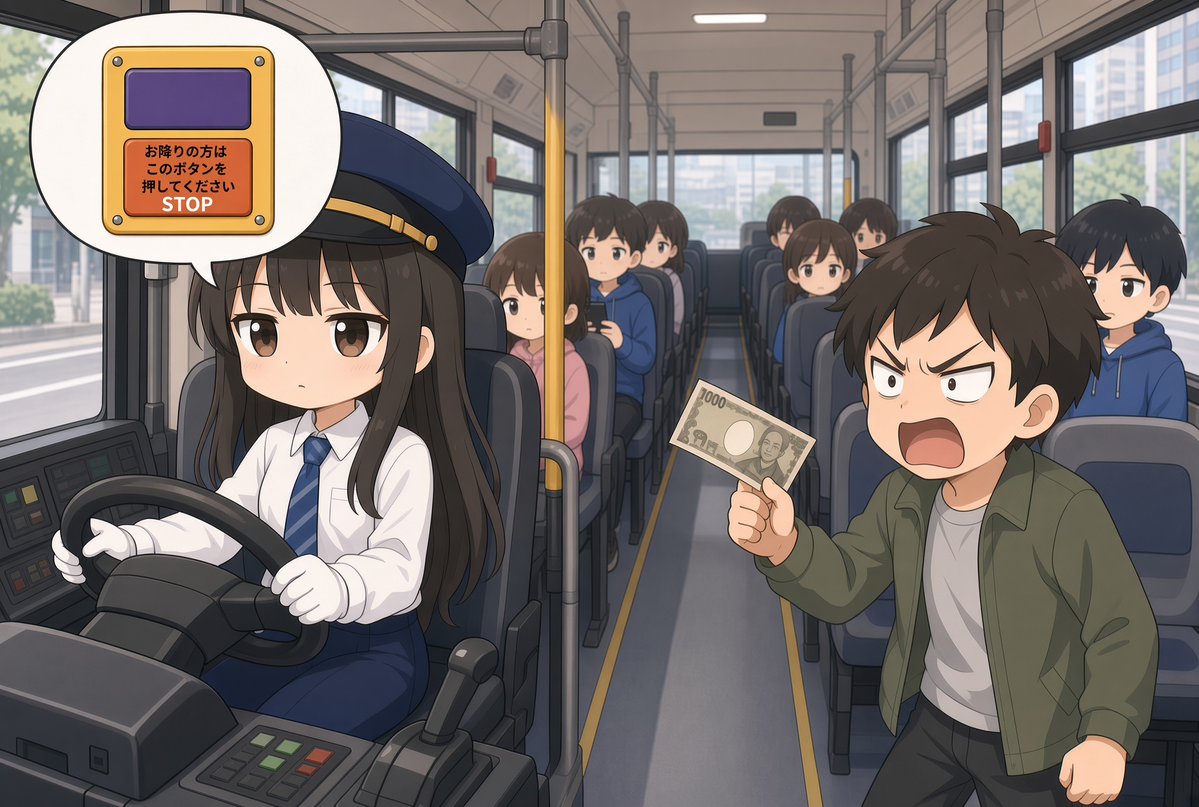 crow_905's tweet photo. とある停留所で若い男性が千円札を持って横に立ってきましたが、人もおらず降車ボタンも押されてないので通過🚌💨🚏
すると「降りるんやけど！横に立ってたら分かるやろ！」と怒鳴り出しました😮‍💨
今さら停まれません。
降りる人はボタンを押してくださいと伝えて、約1km先まで強制連行しました😎 https://t.co/ImTKgXaDGp