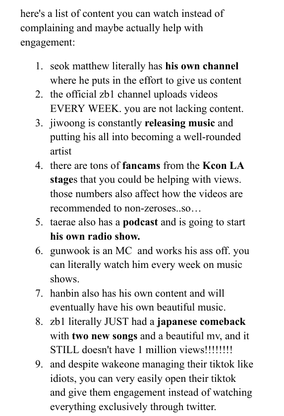 woongyy's tweet photo. there's no "lack of content." there's PLENTY of it. instead of constantly demanding more from the idols you supposedly respect, maybe appreciate what they're already giving you. zb1 doesn't need to work themselves to exhaustion for fans who act like this. https://t.co/lah5XKf5Vl