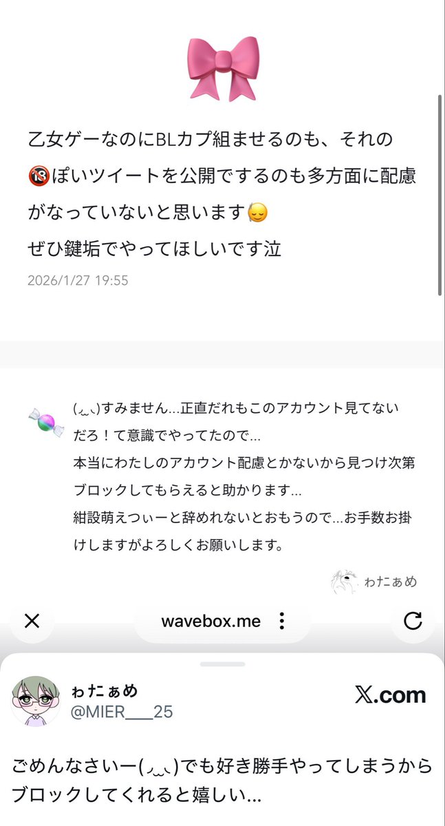 m6jc0's tweet photo. このスクショ元の人と同じときメモの腐女子で、鍵でやれって匿名で注意されたらその人を煽るような言動をして、あげく注意を嫌がらせと判断、嫌がらせに屈したくないので鍵にしません🎶とのたうち回る腐女子もいる https://t.co/xUZn4mAZov