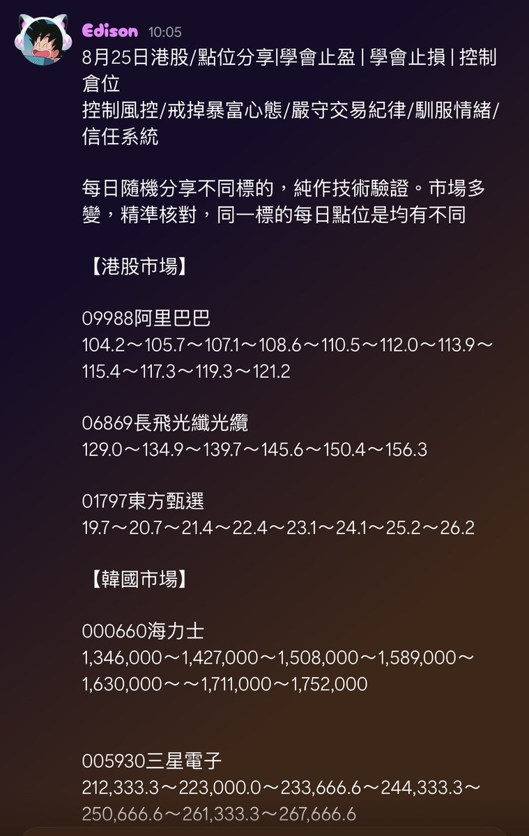 Edison222666's tweet photo. 8月25日港股/韓股/點位分享|學會止盈 | 學會止損 | 控制倉位
#005930三星電子  #000660SK海力士 #09988阿里巴巴 #06869長飛光纖光纜 #01797東方甄選

免費加入 Discord 獲取第一手資訊：https://t.co/IHHZWo3sU7

#港股  #美股 #韓股 #技術分析   #股票點位  #風控 https://t.co/A0z4hvgdmx