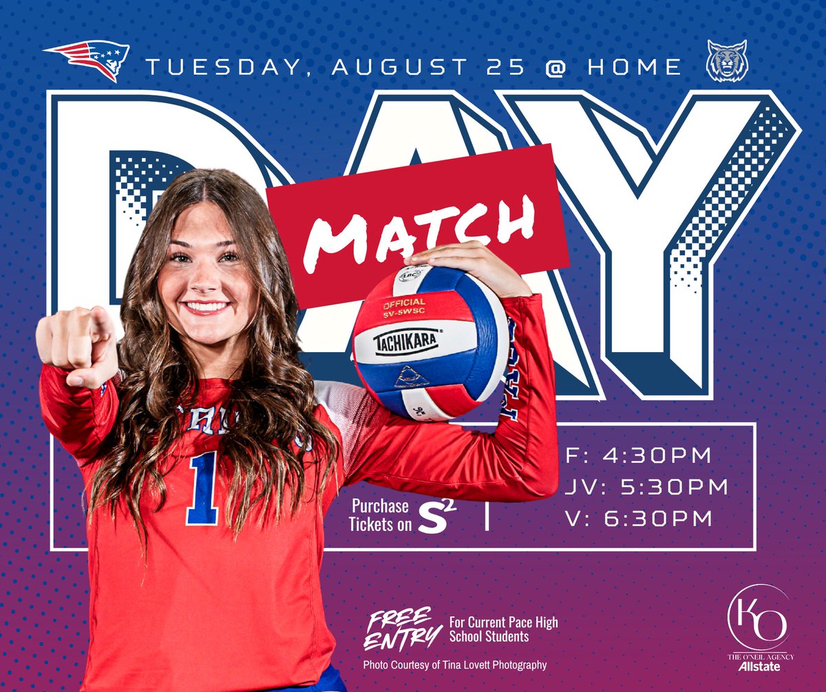 patriots_vball's tweet photo. 🚨 HOME MATCH DAY 🚨
🏐 #PacePatriotsVolleyball vs. Washington Wildcats
📅 Aug. 25

Freshman 4:30 | JV 5:30 | Varsity 6:30
✅ Pace High students get in FREE with ID
🎟️ Tickets available on S2 Pass

Come support the #LadyPatriots! 🔥💙❤️

#PacePatriots #GoPacePatriots🏐 https://t.co/TcoMxR5CL9