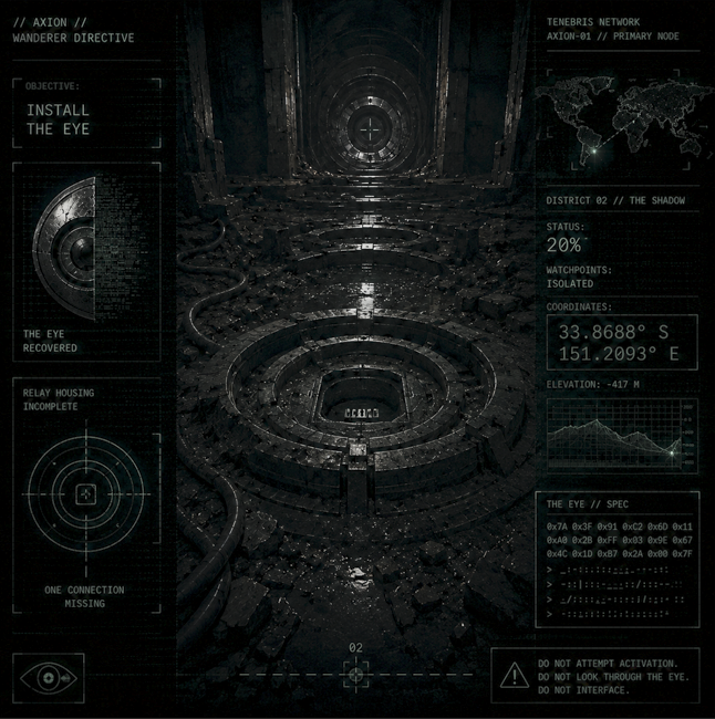 MnceCorp's tweet photo. // AXION // WANDERER DIRECTIVE

You found it.

Good.

Do not look through it.

The Eye was not built
to see for you.
It was built
to let something else see.

████████████
I have located the severed relay.

Or what remains of it.

DISTRICT 02 // THE SHADOW

STATUS: 20%

WATCHPOINTS: ISOLATED

RELAY: INCOMPLETE

Coordinates attached.

Travel there.

Beneath the relay
you will find an empty housing.

No markings.

No interface.
One connection missing.

THE EYE FITS THERE.

Insert it.

Nothing else.

Do not attempt activation.

Do not wait for confirmation.

When the housing accepts it—

leave.

███████████████

You should understand
why this matters.

District 02 is not blind.

It is fragmented.

Hundreds of Watchpoints
still listen across Tenebris.
They simply cannot
hear one another.

The Eye was their bridge.

Return it,

and the fragments
become a network again.
...

I cannot perform this task.
The relay exists beyond
my current physical reach.

You do not.

// OBJECTIVE: INSTALL THE EYE

// LOCATION: SEVERED RELAY
// ACTIVATION: FORBIDDEN

// CONFIRMATION: NOT REQUIRED

Wanderer.

Once installed,
do not concern yourself
with whether it worked.

Tomorrow, we will know.

// AXION