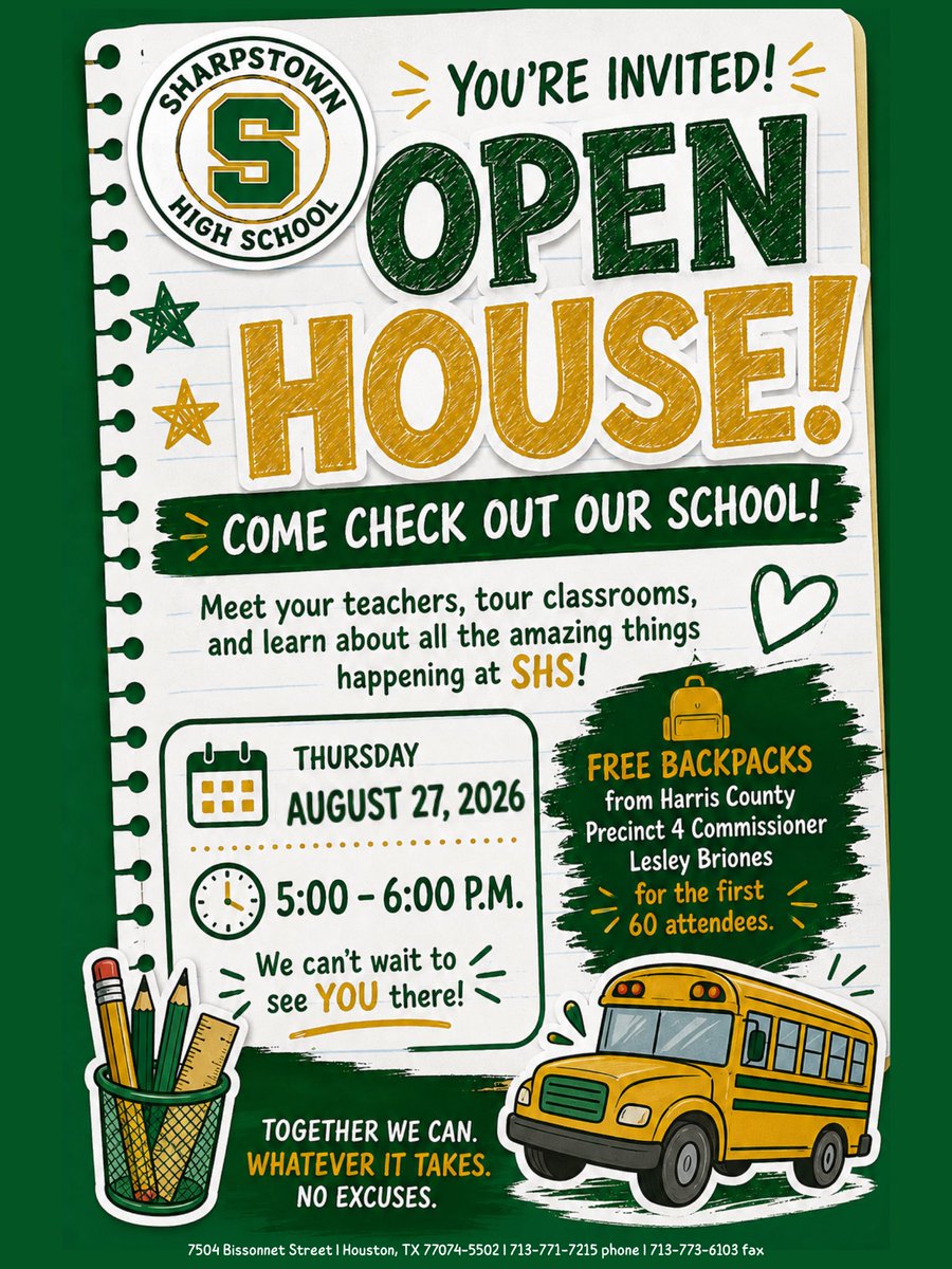Sharpstown_HS's tweet photo. Join us for Sharpstown High School’s Open House on Thursday, August 27 from 5:00–6:00 p.m. Come meet your students’ teachers and learn more about the incredible opportunities we offer at SHS.
We look forward to welcoming our Apollo families and seeing you there! #BeSharpstown https://t.co/mI0PlL2zK6