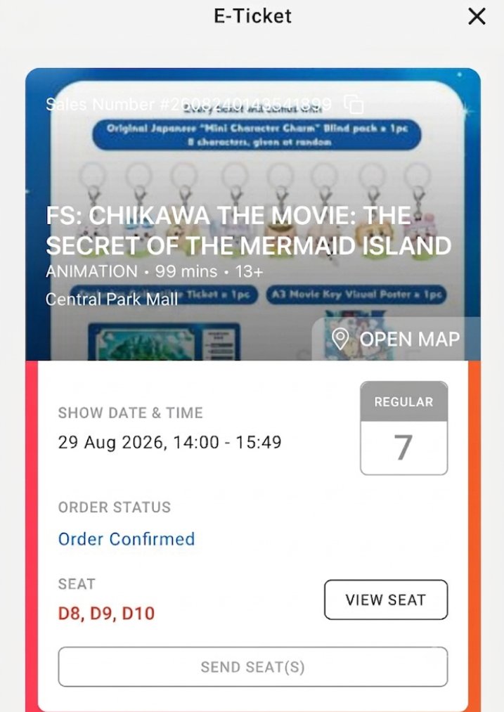 Artauliae's tweet photo. ‼️ WTS Jual Tiket [FAN SCREENING] CHIIKAWA THE MOVIE: THE SECRET OF THE MERMAID ISLAND 🔥

🎟️ Ready 3 tiket seat D8-D10
📍 Central Park CGV - Jakarta
📆 29 Aug 2026
💵 @ 285k/tix

❎ No COD berhalangan hadir

📩 DM / WA
0877-7687-0521

t. wtb beli nonton bioskop #zonauang https://t.co/xwaNmZWq5U