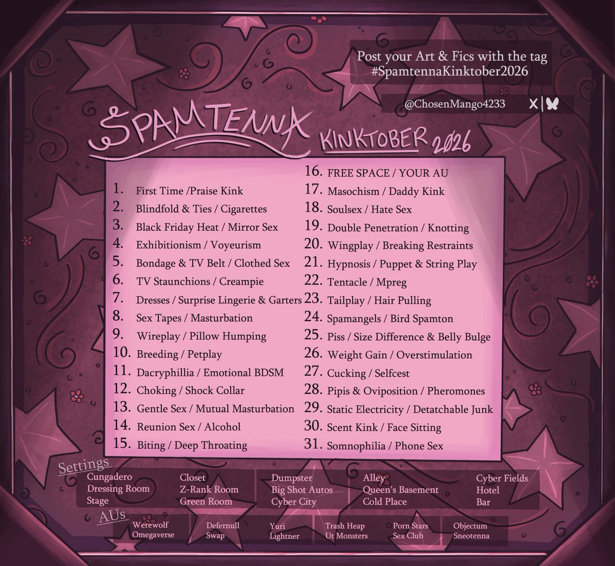 ChosenMango4233's tweet photo. I made a Spamtenna themed Kinktober prompt list! #deltaruined #spamtenna
#kinktober #SpamtennaKinktober2026 https://t.co/PSUr12Dyxh