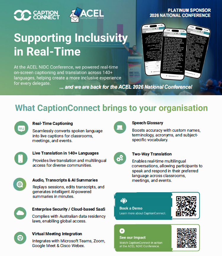 acelaustralia's tweet photo. Caption Connect is bringing the magic to our 2026 National Conference in Perth, WA - 30 Sept - 2 Oct!  
Real-time captioning and translating into 100+ languages and dialects. 
We're committed to ensuring that everyone can BE SEEN, BE HEARD and CONNECT. #ACEL2026  #Accessibility https://t.co/5u6klZXvW9