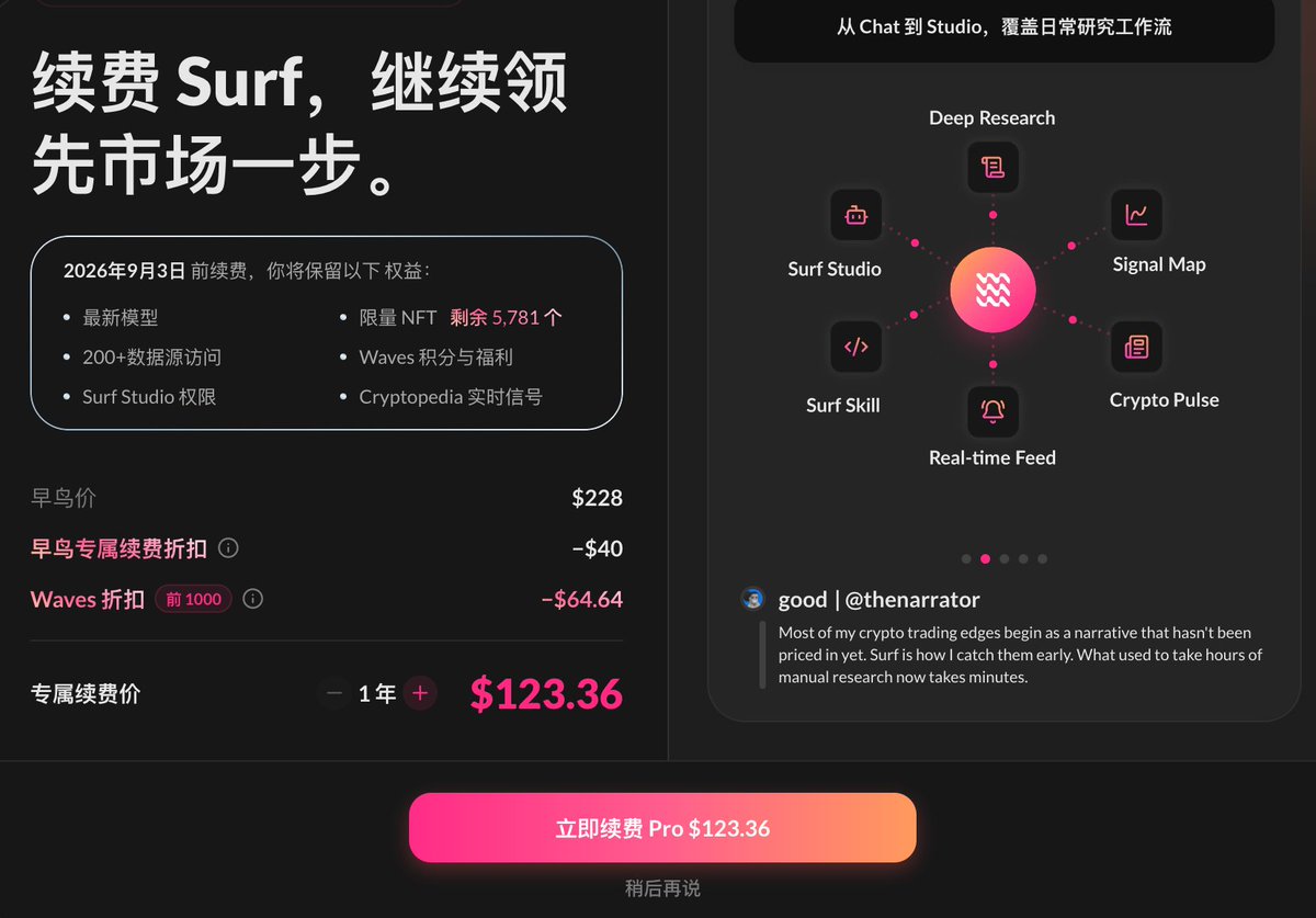 Coda_521's tweet photo. 续费了一年的 @SurfAI_CN  surf

平时用 Codex 来进行美股调研, surf 也出了, 而且 surf 的功能越来越好了,  虽然很大的原因是基础大模型越好用了, 但是平时研究加密一般都是在 surf 上的

第二期的 Waves 即将到来, 直接注册试用 Pro https://t.co/BzPjlHpwzY https://t.co/Zo4IlxmWAZ