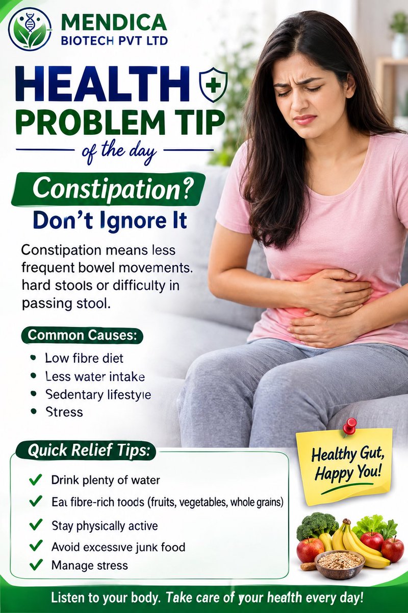 MendicaBiotech's tweet photo. 🌿 Healthy Gut, Happy You!

Constipation can be uncomfortable and is often linked to a low-fiber diet, inadequate water intake, stress, and a sedentary lifestyle. Simple daily habits can help support healthy digestion.

💧 Drink plenty of water
🥗 Eat fiber-rich foods https://t.co/LLVaOkqU54