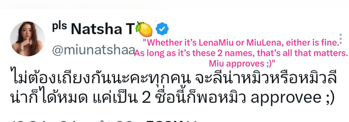 friendlystarter's tweet photo. Lena and Miu... they actually ship themselves. They genuinely ship themselves with each other. They love doing that. 

They love LenaMiu, they're obsessed with the Lenamiu phenomenon, just like us. They're not just the characters in their own story. They're also the audience. Basically they're gbbs too.

Miu said she loves lenamiu. Meaning she loves what their relationship has become and what they create together. The new "them". As long as Lena is with Miu and Miu is with Lena, as long as their name are together, side by side, she's happy. 

Lena seems to love the fact that they look like lovers. She also loves how she looks when she’s in love, regardless of what kind of love it is - romantic love, besties love, sisterly love, work partner love...

Because love is beautiful and it genuinely reflects on her face. There’s something almost new about the way she looks when she loves someone, and I think she appreciates every bit of it. 

Anyway, damn I really didn’t expect to go into this much detail and analysis 😀😂 

But honestly, they're really fascinating to study  

#LenaMiu #ลีน่าหมิว
#lalinalena #miunatsha