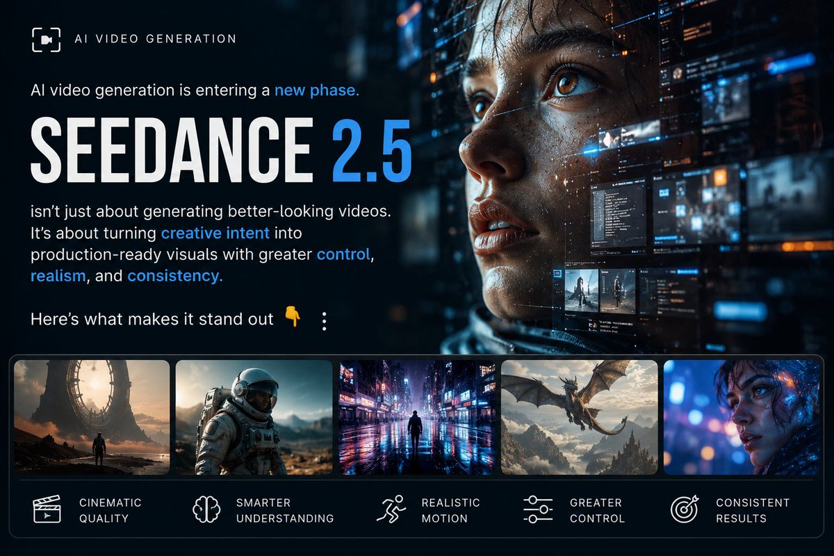 Ryan_blake_ai's tweet photo. AI video generation is entering a new phase.

Seedance 2.5 isn’t just about generating better-looking videos.

 It’s about turning creative intent into production-ready visuals with greater control, realism, and consistency.

Here’s what makes it stand out 👇🧵 https://t.co/6q5BsYgy2S