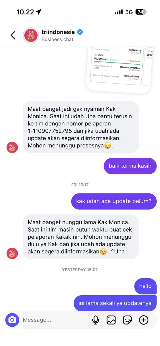 NindyaMonic's tweet photo. hallo @triindonesia @3CareIndonesia ini kenapa saya beli kuota harusnya 130GB (65Gb + 65 Gb) tapi yg masuk cuma 65GB nya aja. Udah DM di Instagram ga di jawab juga disuruh nunggu2 doang. Tolong jelasin dong Kuota 65GB nya lagi kemana?? https://t.co/r7mNinWuCW