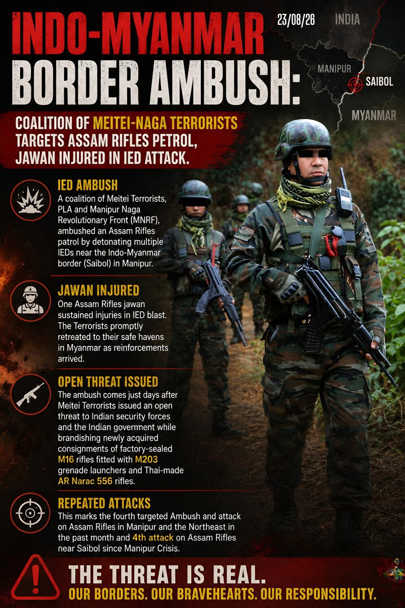 Kamginthan40473's tweet photo. 🚨 INDO–MYANMAR BORDER SECURITY DEMANDS URGENT ATTENTION

The reported 23 August 2026 ambush near Saibol along the Indo–Myanmar border in Manipur, as highlighted in the accompanying graphic, raises serious concerns about the security of Indian security personnel and civilians living in vulnerable border areas.

According to the graphic, an Assam Rifles patrol was reportedly targeted in an IED attack, leaving a jawan injured, while the attackers allegedly withdrew towards the Myanmar side after the incident.

The allegations and security concerns surrounding the region also require authorities to examine the possible involvement, links or support networks of armed groups and militant elements reportedly operating across NSCN-IM, Myanmar Meitei militants, Shan National Army and junta military-linked networks, wherever credible evidence establishes such connections.

These are extremely serious allegations and must be thoroughly investigated through credible intelligence and an impartial inquiry. No armed organisation or cross-border militant network should be permitted to use the Indo–Myanmar border as a base for attacks, intimidation or destabilisation.

The Government of India and concerned security agencies must strengthen border surveillance, intelligence coordination and protection of vulnerable areas while ensuring that civilian communities are protected and that responsibility is established strictly on the basis of evidence.

🇮🇳 Protect the Indo–Myanmar border. Protect our bravehearts. Protect civilians. Uphold the rule of law.

#IndoMyanmarBorder #Manipur #Saibol #AssamRifles #IndianSecurityForces #BorderSecurity #BorderProtection #ManipurSecurity #NortheastIndia #IEDAttack #NationalSecurity #MyanmarMeiteiMilitants #NSCNIM #ShanNationalArmy #JuntaMilitary #CrossBorderMilitants #CounterInsurgency #ProtectOurBravehearts #CivilianProtection #RuleOfLaw #JusticeAndAccountability #PeaceInManipur #GovernmentOfIndia #MinistryOfHomeAffairs #NIA #CBI #SupremeCourtOfIndia

@PMOIndia @HMOIndia @AmitShah @adgpi @official_dgar @NIA_India @CBIHeadquarters @mygovindia  @manipur_police @ZeeNews @ABPNews @news24tvchannel @ThePrintIndia