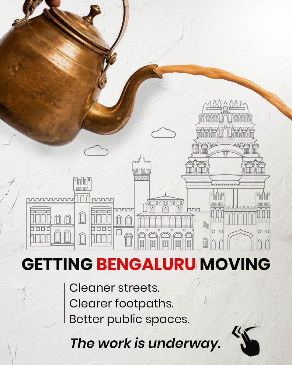 GBA_office's tweet photo. ಸಾರ್ವಜನಿಕ ಸ್ಥಳಗಳನ್ನು ಮತ್ತೆ ಸಾರ್ವಜನಿಕರ ಬಳಕೆಗೆ ಮುಕ್ತಗೊಳಿಸುವುದೇ ಉತ್ತಮ ಬೆಂಗಳೂರು ನಿರ್ಮಾಣಕ್ಕೆ ಭದ್ರ ಬುನಾದಿ!

1,155 ಕಿ.ಮೀ. ಪಾದಚಾರಿ ಮಾರ್ಗಗಳನ್ನು ತೆರವುಗೊಳಿಸಿ ಜನರ ಬಳಕೆಗೆ ಮುಕ್ತಗೊಳಿಸಲಾಗಿದೆ. ಸಾವಿರಾರು ಪರಿತ್ಯಕ್ತ ವಾಹನಗಳನ್ನು ಗುರುತಿಸಲಾಗಿದೆ. 56,000 ಮೆಟ್ರಿಕ್ ಟನ್‌ಗೂ ಅಧಿಕ ತ್ಯಾಜ್ಯ ಮತ್ತು ಅವಶೇಷಗಳನ್ನು ತೆರವುಗೊಳಿಸಲಾಗಿದೆ.

ಸ್ವಚ್ಛ, ಸುರಕ್ಷಿತ ಮತ್ತು ಸುಂದರ ಬೆಂಗಳೂರಿಗಾಗಿ ಈ ಕಾರ್ಯ ನಿರಂತರವಾಗಿ ಮುಂದುವರಿಯಲಿದೆ.

A better Bengaluru begins with something simple: giving public spaces back to the public.

1155 km of footpaths reclaimed. Thousands of abandoned vehicles identified. Over 56,000 MT of debris cleared.

The work continues. #justcleanbengaluru