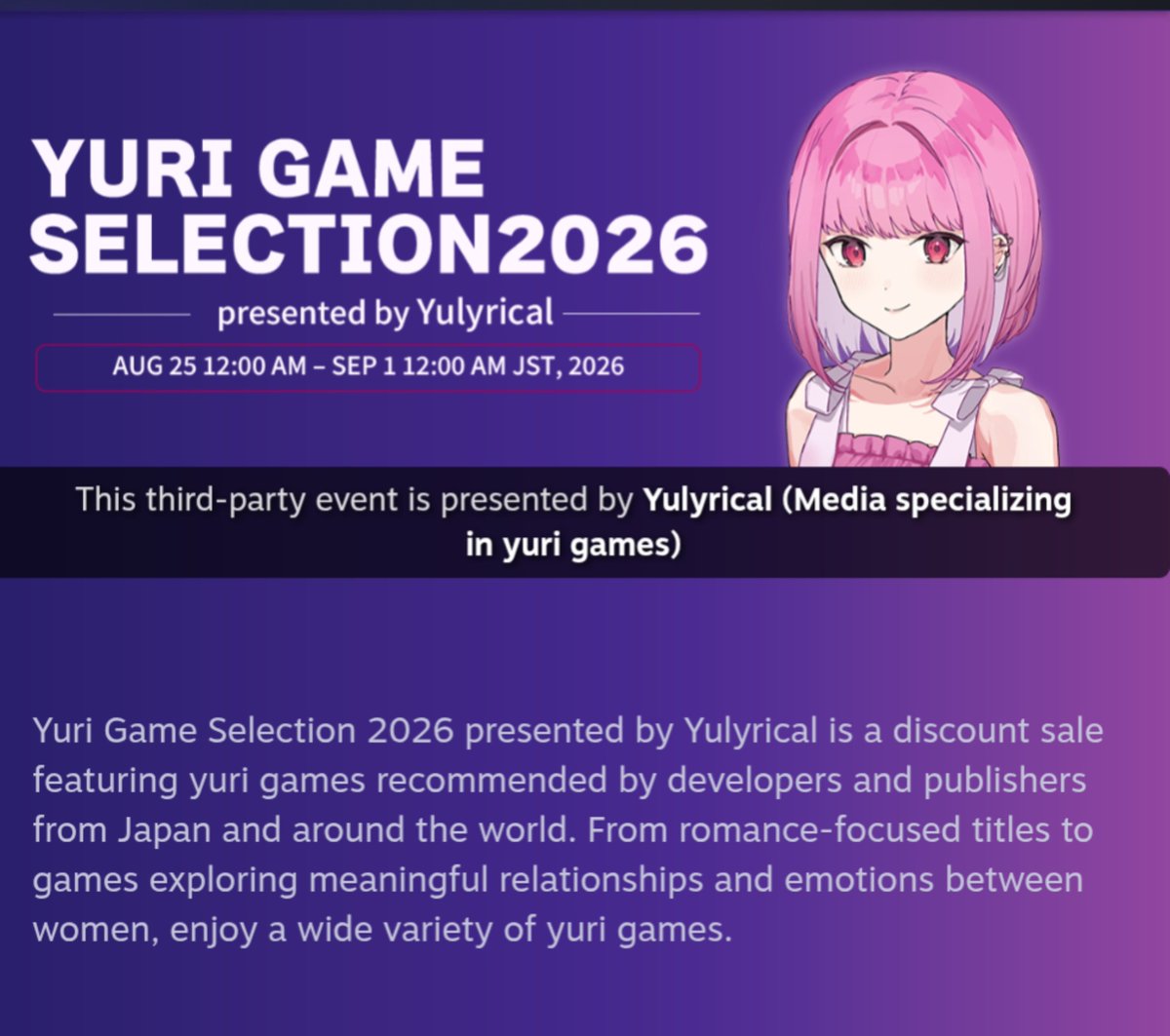 pachimoira's tweet photo. there's a yuri steam sale going on until september 1st!! go stock up on your vns 🫶 https://t.co/sxALNhgSgQ