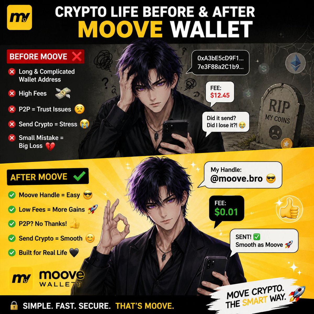 Zim00713's tweet photo. Sending crypto shouldn’t feel like a final exam

Before, it was always the same story:

Copy the wallet address
Check every character
Check the network
Pay high fees

Send it  then stare at the screen wondering, “Did I just lose my funds?” 💀

One small mistake could turn a simple transfer into a nightmare

But with @moovexyz  bro the experience looks completely different 👀

A simple @moovexyz  Handle instead of a long wallet address

Low fees instead of painful costs

Smooth transfers instead of unnecessary stress

Because crypto adoption won’t come from making things more complicated

It comes when sending crypto feels as easy as sending a message

Simple Fast Secure That’s Moove