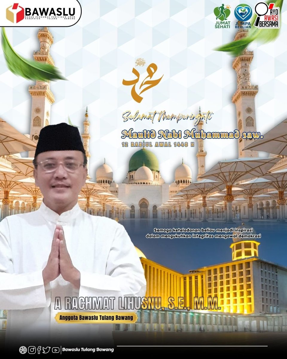 bawaslutuba's tweet photo. Semoga keteladanan Rasulullah SAW menjadi inspirasi untuk terus meneguhkan kejujuran, amanah, dan integritas dalam menjalankan tugas serta mengawal demokrasi. ๐ค๐ฎ๐ฉ
Meneladani akhlak mulia, mengukuhkan integritas, menjaga demokrasi.
#salamawas
#ayoawasibersama
#awasicegahtindak https://t.co/z6NdveJHOt