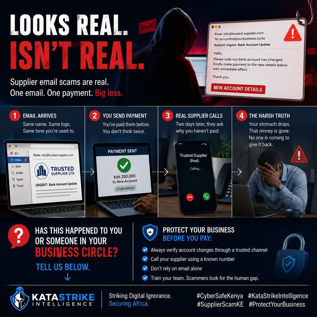 xhizo034's tweet photo. Supplier emails you: “Our bank details have changed. Pay here today.” Same name, logo and tone. You pay. Two days later, the real supplier calls: “We haven’t been paid.” 😨

Always verify bank-detail changes by calling a trusted number.

#SupplierScamKE #KataStrike https://t.co/3dt0hRVN0o