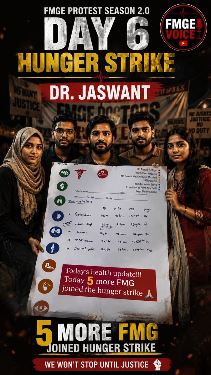 MadddyAddy's tweet photo. 🚨 4 MORE DOCTORS HAVE JOINED THE PROTEST with Dr. Jaswant Singh Yadav Sir.

His blood sugar has dropped to 60. This is a serious situation. 💔

JP Nadda Ji, please listen to FMGE students and reply soon. We need justice, transparency &amp; a fair resolution.

#FMGECompensation https://t.co/NjFODo6ul9