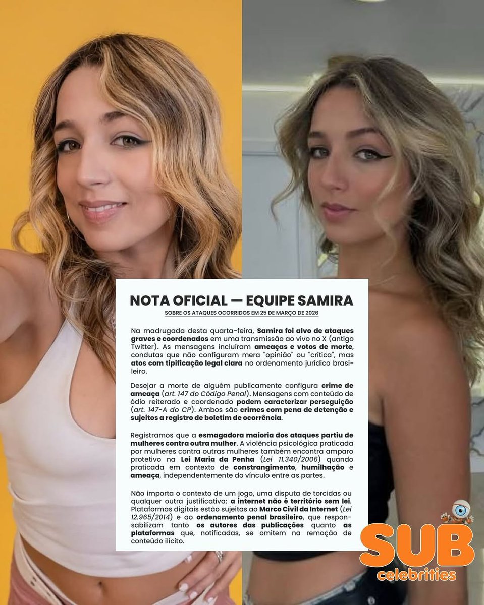 eddyeller's tweet photo. A equipe de  emitiu um comunicado após a sister ser alvo de ataques em uma transmissão ao vivo no X durante a madrugada desta quarta-feira (25). Segundo a nota, as falas incluiram ameaç*s diretas e até desejos de morte.

Gravações da transmissão most... https://t.co/dOfRo2b8l5