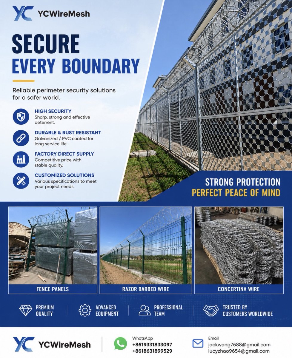 YCWireMeshFence's tweet photo. Razor wire designed for reliable security protection 🛡️

Manufactured by YC Wire Mesh with consistent quality and professional production.

#RazorWire #SecurityFence #WireMesh #FencingSolutions #YCWireMesh https://t.co/MRUxpryGcp