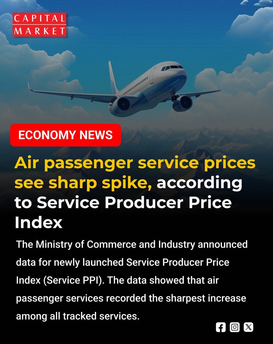 CapitalMarket17's tweet photo. AIR PASSENGER SERVICE PRICES SURGE NEARLY 32% IN Q1 FY27, TOPPING NEW SERVICE PPI CHARTS
https://t.co/1L6mkco6Mu
#AirPassengerPrices #ServicePPI #Inflation #AirTravel #AviationSector #Q1FY27 #PriceSurge #ProducerPriceIndex #IndianEconomy #ServiceSector #TravelCosts https://t.co/JTceVLYbDe