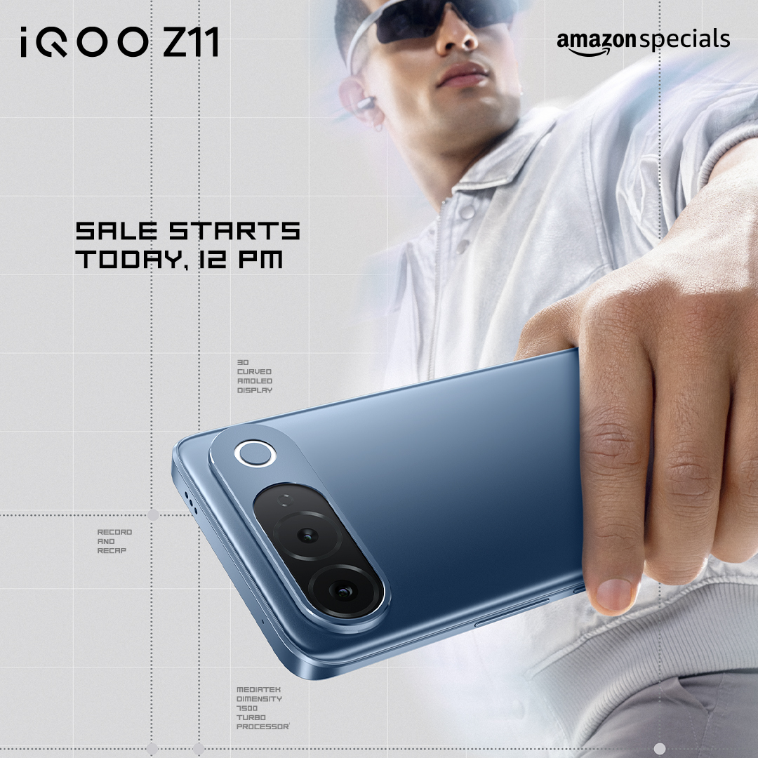 IqooInd's tweet photo. Faster. Smarter. Built with AI. ⚡🔋

The all-new iQOO Z11 is powered by India's first MediaTek Dimensity 7500 Turbo Processor*, paired with the brightest display in the segment**, a massive 7050mAh BlueVolt Battery, 50 MP Sony IMX882 OIS Main Sensor Camera — built to keep up with everything you do.

Starting from just ₹31,499^.
Sale starts today, 12 Noon.

Available on https://t.co/2Ht27n1oE0, https://t.co/TubR3Bt6IL, stores near you & vivo exclusive stores | Reliance Digital.

*Basis the MediaTek Dimensity 7500 Turbo Processor, as of 27th July 2026, based on internal research.
**On the basis of phones launched in 2026 under the price segment of ₹40k, having 2000 nits HBM, as of 27th July 2026, based on internal research.
^Inclusive of all taxes & offers

#iQOO #iQOOZ11 #AmazonSpecials #NewLaunch #7050mAhBattery #5YearBatteryDurability #DimensityTurbo #BrightestDisplay #FasterSmarterWithAI

[ iQOO Z11, MediaTek Dimensity 7500 Turbo, Brightest Display, 7050mAh Battery, AI Smartphone, Amazon Special ]