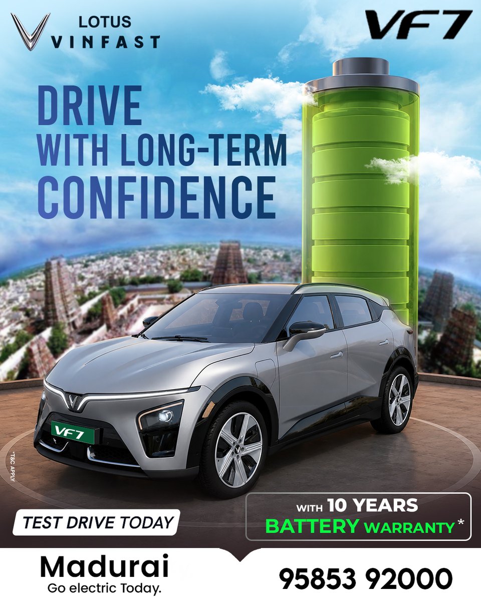 Lotusvinfastmdu's tweet photo. Power Your Journey with Confidence!
The VinFast VF7 brings premium design, electric performance, and long-term peace of mind with a 10-year battery warranty. ⚡
📍 Lotus Vinfast Madurai
📞 95853 92000
#VF7 #VinFastIndia #ElectricCars #TestDrive #Madurai https://t.co/yOasczZOlx
