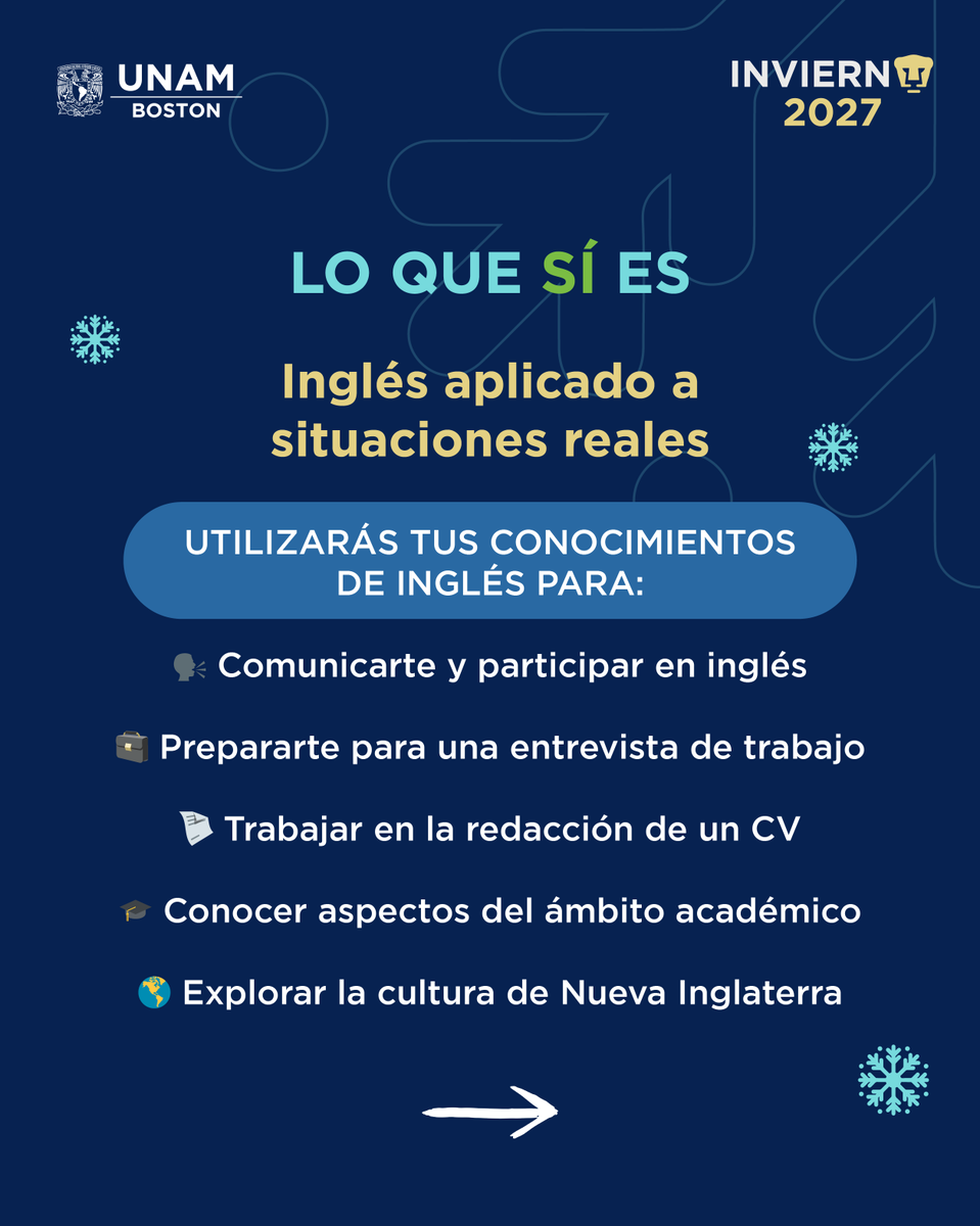 unamboston's tweet photo. 🐾 En el #InviernoPuma2027EnBoston, vienes a usar tu inglés. Pon en práctica tus conocimientos en clases, actividades y situaciones reales mientras te acercas a la cultura de Nueva Inglaterra. 🇺🇸

🔗 Convocatoria: https://t.co/BdKLVls5ZT https://t.co/Pp7kDCV4V3