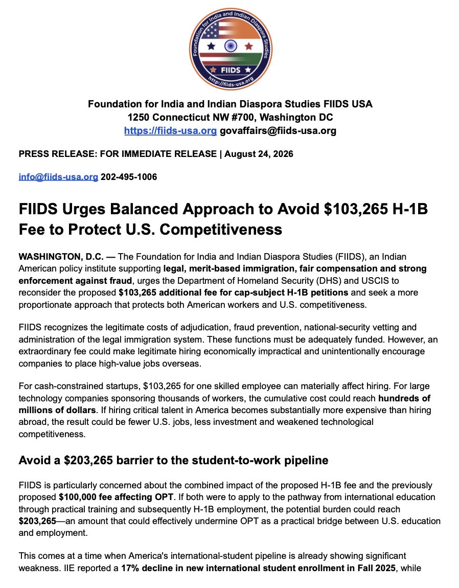 FIIDSUSA's tweet photo. #USCIS proposed #$103K #H1B fee could choke startups &amp; costs billions to industry. Total #OPT #H1b $203K will make #student-to-work pathway impossible. #Stop exorbitant fees, #Congress to constrain the hikes, &amp; industry to protect America’s talent &amp; competitiveness @DNC @RNC https://t.co/kWbCA709xx