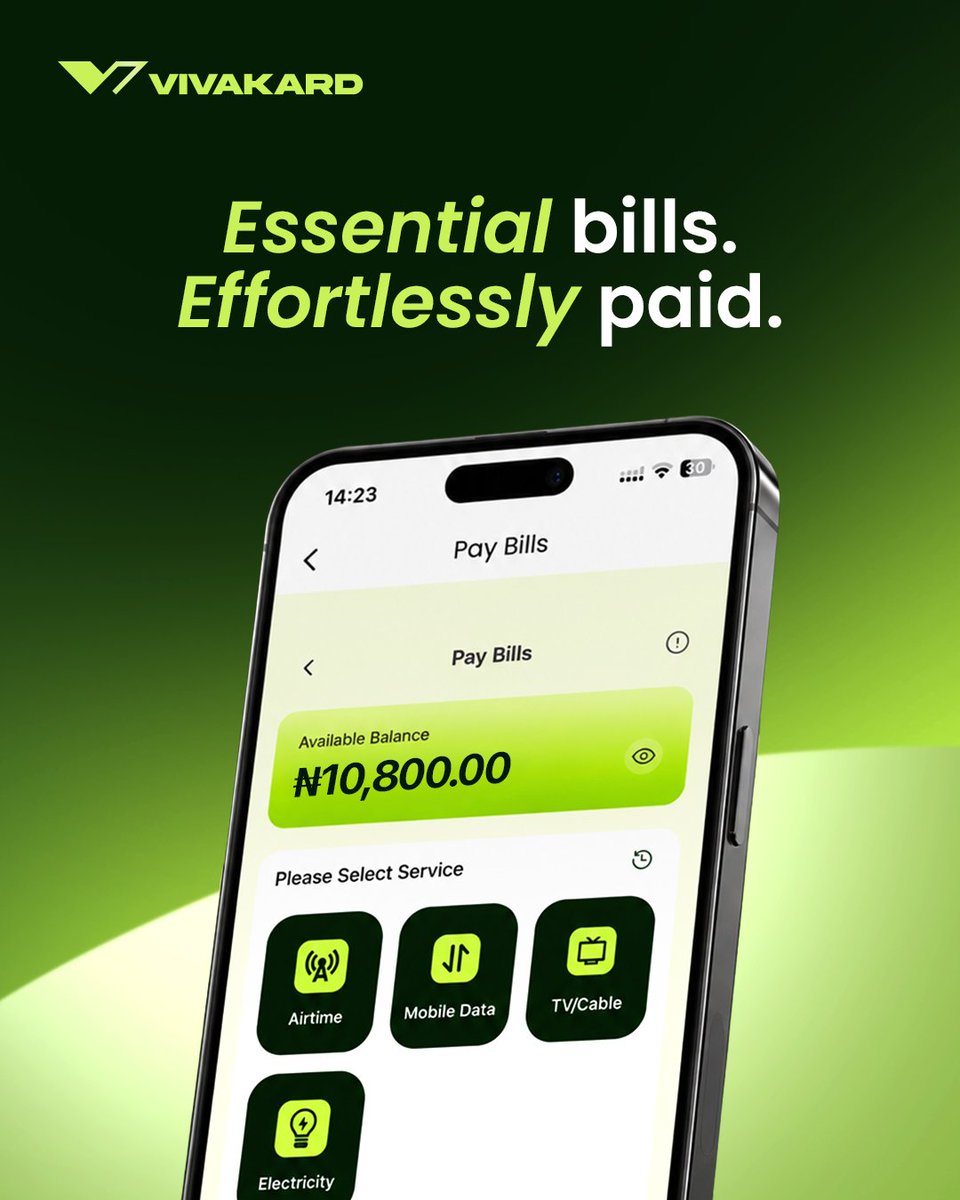 VivakardApp's tweet photo. From airtime and data to electricity and TV subscriptions, handle all your daily bills in seconds right inside the Vivakard app. ⚡
#Vivakard #BillPayments #EasyPay https://t.co/S0XkOTQuRS