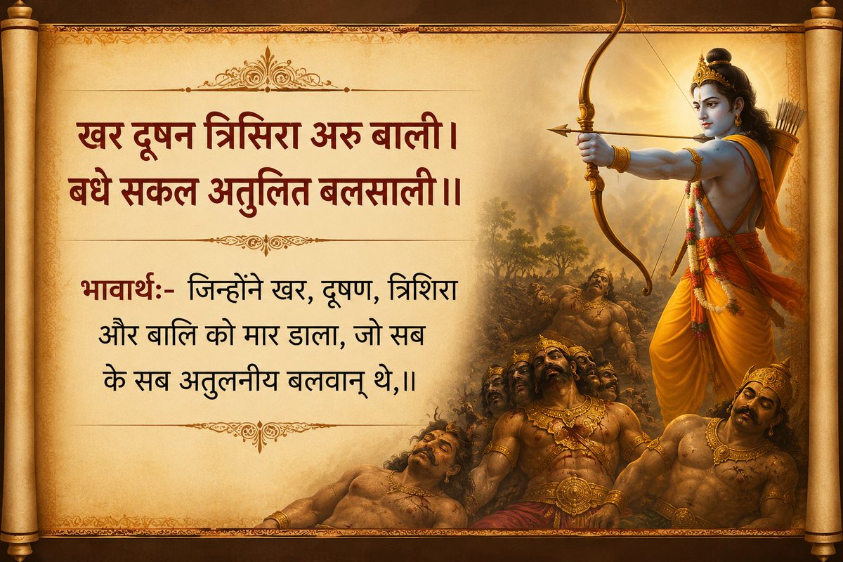 Ramlal's tweet photo. ॥सुंदर कांड॥

खर दूषन त्रिसिरा अरु बाली। बधे सकल अतुलित बलसाली॥

भावार्थ:-जिन्होंने खर, दूषण, त्रिशिरा और बालि को मार डाला, जो सब के सब अतुलनीय बलवान्‌ थे,॥

#RamCharitManas
#SundarKand https://t.co/DpJEl65zgF