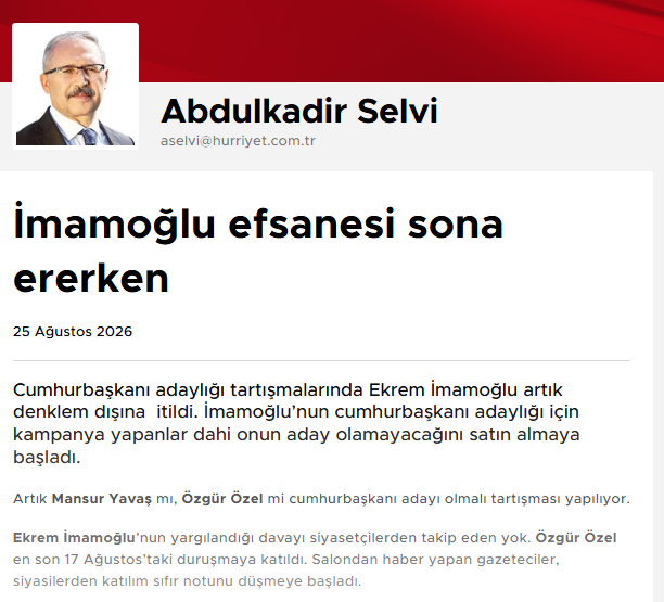 EtkiliHaberYY's tweet photo. AKP'li Abdulkadir Selvi, 4 gündür okurlarını "Ekrem İmamoğlu'nun bittiğine" ikna etmeye çalışıyor. https://t.co/ux034pr0IB