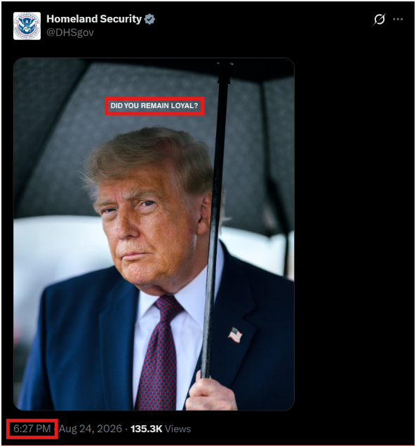 7thDean's tweet photo. Homeland Security's post is a picture of President Trump with a questionable stare on his face asking "Did you remain loyal?" And has a time stamp of 6:27 PM EST, 18:27 military time

Q 1827
Video: Deadpool watching a movie eating popcorn             
      ENJOYING EVERY SECOND OF IT

Comfy?
Previews are over.
Showtime!
Q

This comm speaks for itself, Grab your popcorn, the Previews are over and it's Showtime... 🍿 

The only question now is "Did you stay loyal?"🤷‍♂️