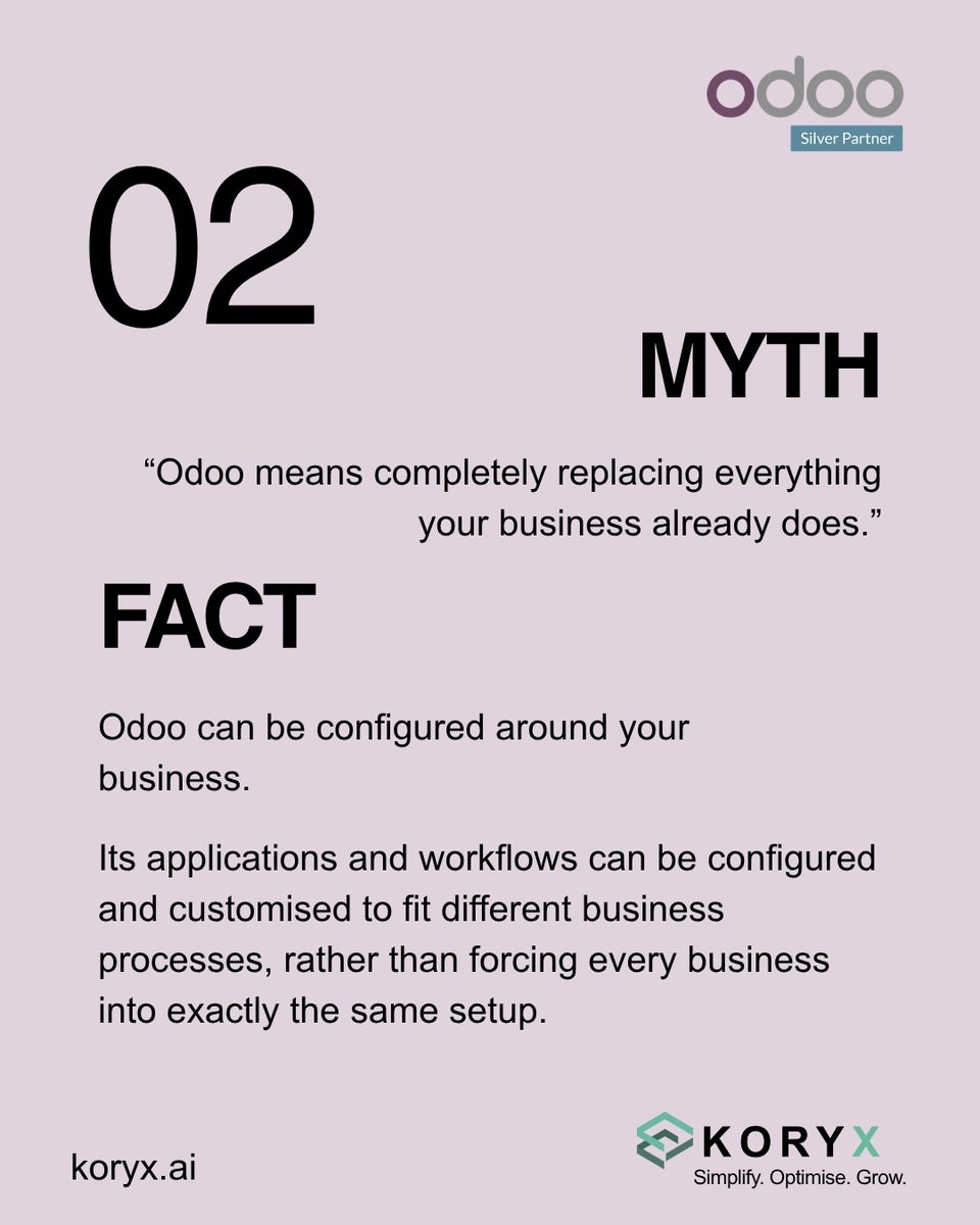 Koryx_erp's tweet photo. Myth or fact? 
Let’s clear up a few common misconceptions about Odoo and what it can actually do for your business.

#Koryx #odooSliverPartner https://t.co/b4D5RhS6Ta