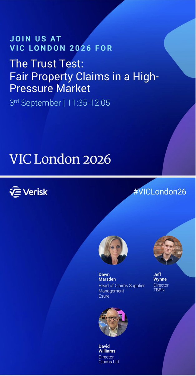 InsuranceDavidW's tweet photo. The Trust Test: Fair Handling of Property Claims in the current high pressure market? Really looking forward to this session at @Verisk #VICLondon2026 with great panel members Dawn Marsden &amp; Jeff Wynne. The conference is always a great event, make sure you are there! https://t.co/wPn1ravuq3