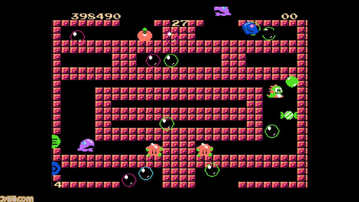 famitsu's tweet photo. 【コンアカ】1988年にタイトーより発売された『バブルボブル』がバブルンとボブルンの誕生日でもある8月26日よりSwitch 2、PS5向けに配信開始
https://t.co/yAkxJ5TFO4

泡はきドラゴンの“バブルン”と“ボブルン”にされた少年たちが連れ去られたガールフレンドを救うアクションゲーム。 https://t.co/RbUeYQKArm