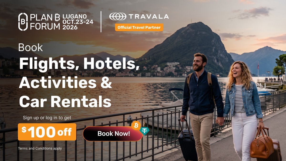 LuganoPlanB's tweet photo. Coming to Plan ₿ Forum? ✈️

Getting to Lugano just got easier.

Travala is the Official Travel Partner of Plan ₿ Forum 2026.

Book flights, hotels, car rentals and activities through @travalacom and get $100 off when you sign up or log in through the link below!

And yes, you can pay with Bitcoin or USD₮!

📍 Lugano, Switzerland
🗓️ October 23–24, 2026

Plan your trip: https://t.co/c15gkGijFO
T&Cs apply.
