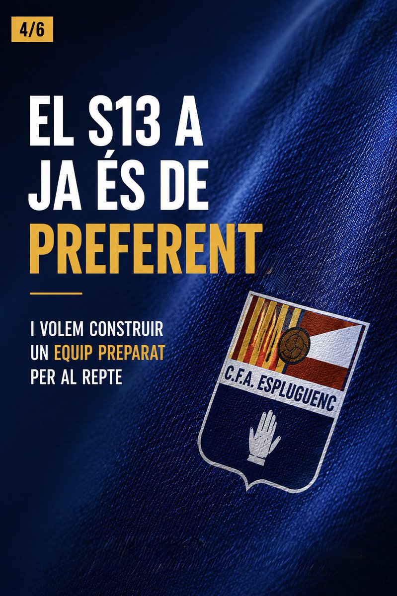 CFAEspluguenc's tweet photo. 𝗘𝗟 𝗧𝗘𝗨 𝗠𝗢𝗠𝗘𝗡𝗧 𝗘́𝗦 𝗔𝗥𝗔 𝗜 𝗘́𝗦 𝗔 𝗟’𝗘𝗦𝗣𝗟𝗨! 

El S13 A és de Preferent i busquem jugadors amb talent, ambició i ganes de competir al màxim nivell.

T’imagines competint contra el Barça o l’Espanyol? Nosaltres ho farem ✊🏻

#SomEspluguenc | #Futbolcat https://t.co/3KinEsDWpv