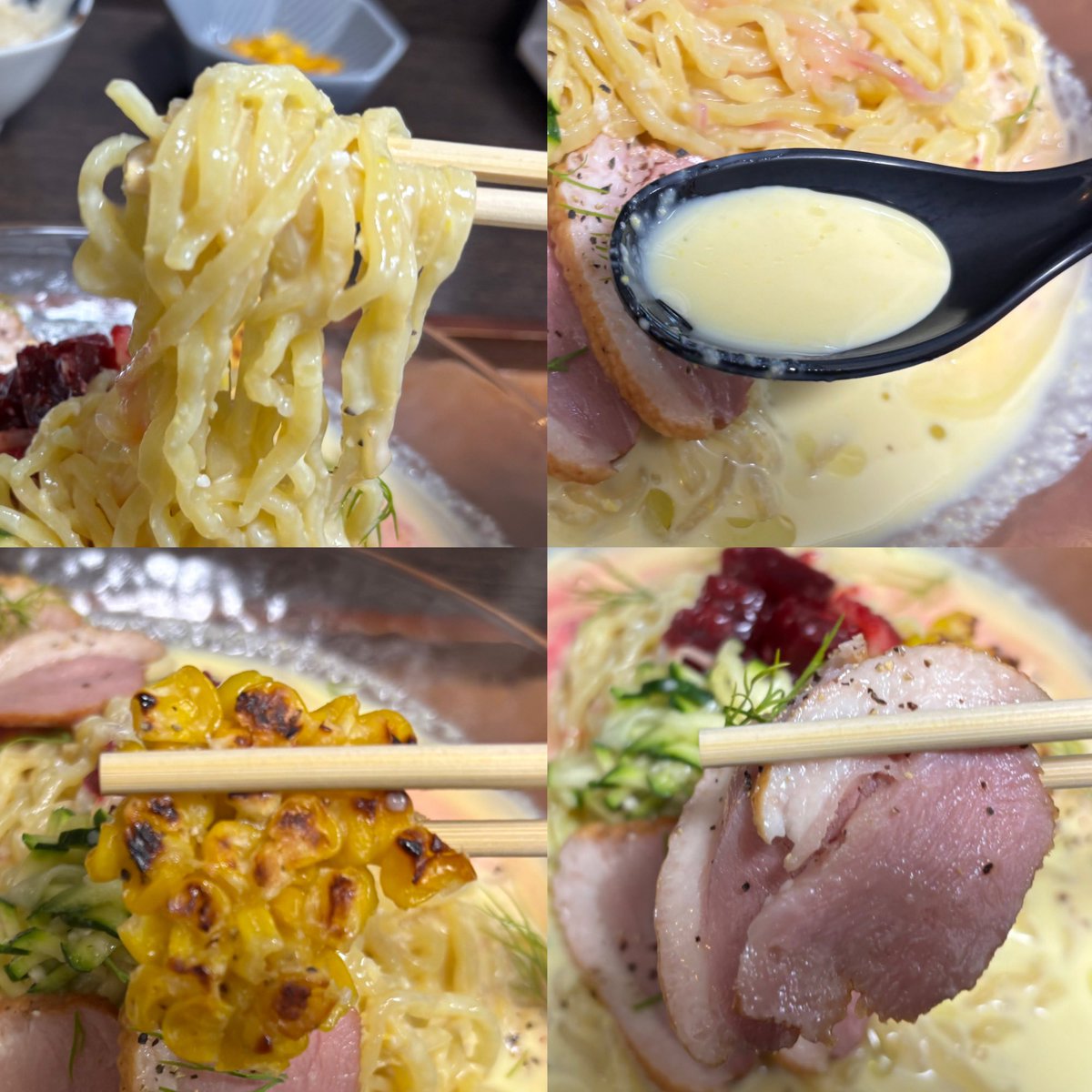 nabonayo2's tweet photo. ラーメン探訪『灼味噌らーめん 八堂八』溝の口
限定　北海道美瑛育ちの名も無きとうきびらーめん

とうきびの甘さが美味すぎる､キンキンに冷えたスープに多彩なトピは文句無し😋👌👍鴨スモークにとうきびの素揚げはカレー風味で注文💯💯💯中太縮れ麺が最高🈵🌈〆はコーンライス､ご馳走様でした🍜🙏🙇‍♀️ https://t.co/9adhwPqaHs