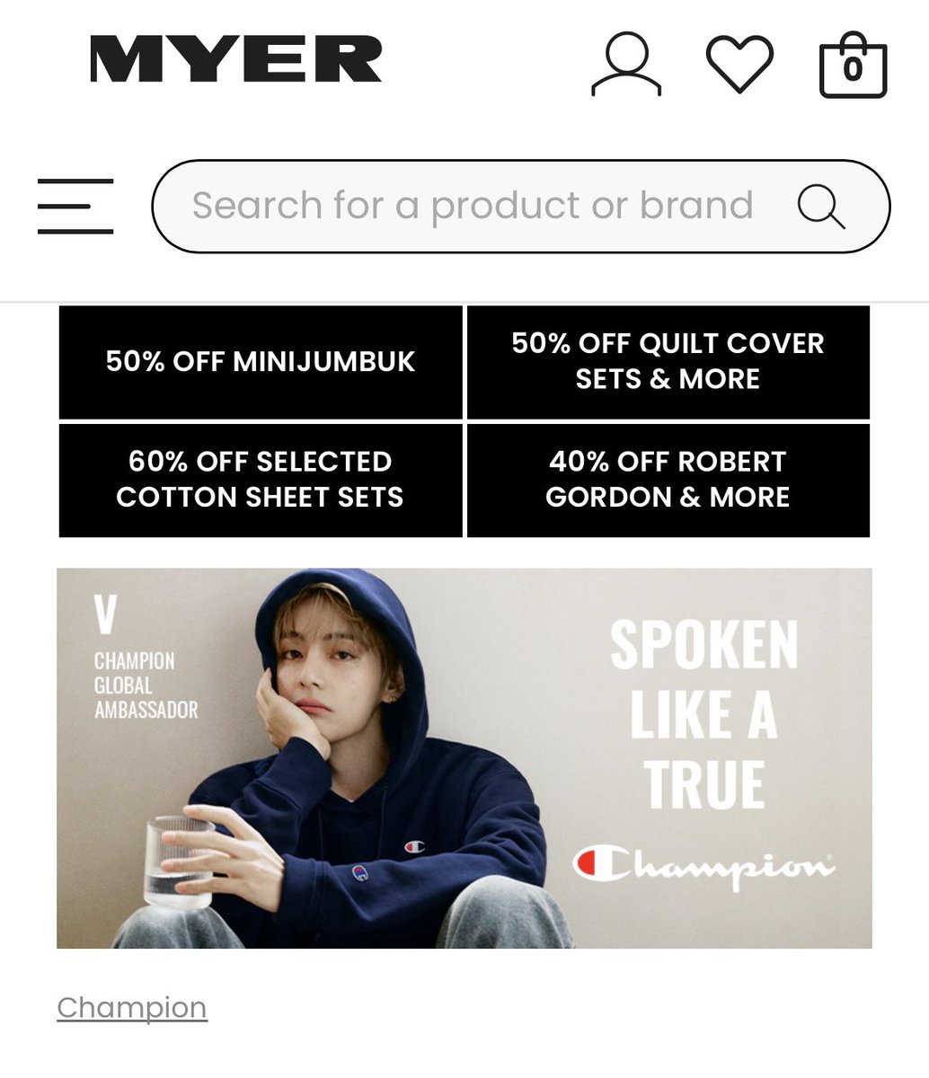 Cindycat29's tweet photo. AUSSIES!!! 🇦🇺 

MYER, the largest department store in Australia, has updated their Website to feature KIM TAEHYUNG for CHAMPION! 

@Australia4Tae 

V CHAMPION GLOBAL AMBASSADOR 
KIM TAEHYUNG FOR CHAMPION
#TAEHYUNGxCHAMPION
#VxCHAMPION https://t.co/lz5Pa3EqMw