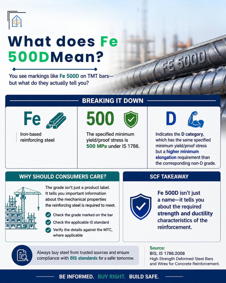 SteelConsumer's tweet photo. Fe 500D
Fe = Iron-based steel
500 = 500 MPa minimum yield strength
D = Higher elongation
Know your steel. Buy Right. Build Safe.
Be Informed. Buy Right. Build Safe.
#SteelDecoder #Fe500D #SteelConsumerForum https://t.co/EEML5KUfDK