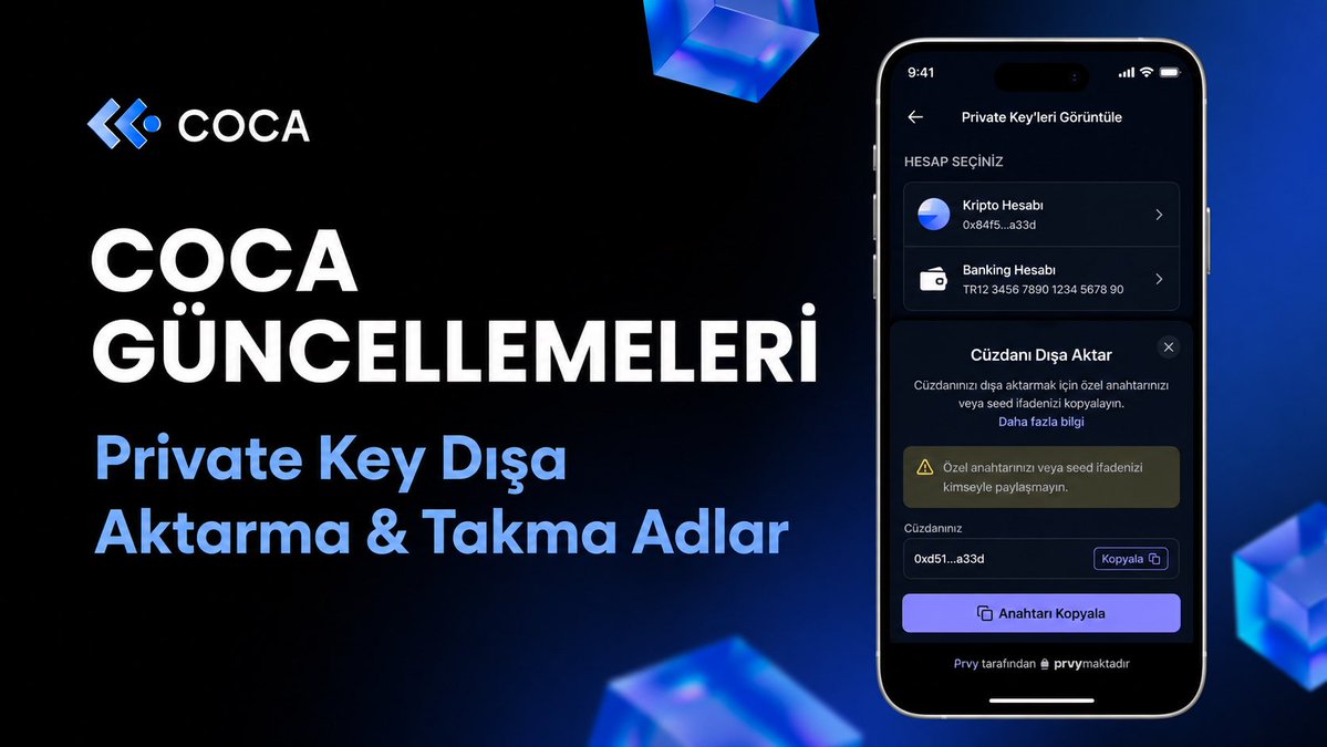 COCA_TR's tweet photo. 🚀 COCA güncellendi!

🔑 Private Key’lerinizi artık dışa aktarabilirsiniz.
💸 Diğer COCA kullanıcılarına COCA ID (nickname) ile kolayca transfer yapabilirsiniz.
🛠️ Ayrıca çeşitli hata düzeltmeleri ve performans iyileştirmeleri yapıldı.

📲 Uygulamanızı güncelleyin https://t.co/2Img5cXp1z