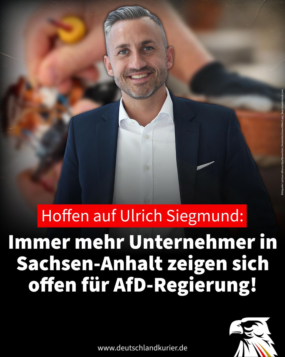 Deu_Kurier's tweet photo. Hoffen auf @UlrichSiegmund: Immer mehr Unternehmer in Sachsen-Anhalt zeigen sich offen für AfD-Regierung!

Das Horror-Märchen vom angeblich gefährdeten Wirtschaftsstandort Sachsen-Anhalt im Falle einer AfD-Regierung war die letzte Patrone in der propagandistischen Drillingsbüchse von Altparteien, sogenannten „Experten“ und System-Medien. Sie ist als Rohrkrepierer im Lauf steckengeblieben: Inzwischen sehen immer mehr Unternehmer im Land, vor allem aus dem Mittelstand, einem Regierungs- und Politikwechsel in Magdeburg nach dem 6. September erwartungsfroh entgegen.

Die Stimmung in Sachsen-Anhalts Wirtschaft schlägt anderthalb Wochen vor der Landtagswahl zugunsten der @AfD_LSA um. Da mag der bayerische Ministerpräsident Markus Söder (CSU) bei einem seiner Wahlkampfauftritte im „Land der Frühaufsteher“ noch so sehr die vermeintliche Wirtschaftskompetenz von Noch-Ministerpräsident Sven Schulze (CDU) herbeihalluzinieren.

Nicht nur Merz, auch Schulze muss weg!

► Der Handwerksbetrieb von Thomas Kowalski hat sich auf Sanierungsarbeiten für öffentliche, gewerbliche und private Kunden spezialisiert. Die meisten Aufträge erhält der Unternehmer aus Halberstadt in der Region, hier im Südwesten von Sachsen-Anhalt. Er sagt: Das Risiko, weiter dem aktuellen Kurs der CDU-geführten Regierung zu folgen, werde von vielen Unternehmern mittlerweile höher eingeschätzt als das Wagnis, sich auf die AfD einzulassen.

► Dieser Tage beim Wahlforum der IHK Halle-Dessau: Mittelständler, die früher CDU oder FDP gewählt haben, bekennen sich laut „Focus“ offen zur AfD – so wie Karsten Kreibe. Er betreibt eine Energieagentur in Naumburg/Saale. Kreibe glaubt nicht, dass sich Noch-Ministerpräsident Sven Schulze für ein Ende der Energie-Sanktionen starkmachen wird, wie es die AfD angekündigt hat. Seine Frau Maren Kreibe spricht es offen aus: „Unsere Wahlentscheidung für die AfD steht.“

► Michael Behrens, ein anderer Besucher des IHK-Forums, ist Elektrotechnik-Unternehmer, ebenfalls aus Naumburg. Er sei immer CDU-Wähler und „CDU-Spender“ gewesen. Jetzt sagt er: „Mir fällt es schwer, die CDU wieder zu wählen, wenn nicht ausgeschlossen ist, dass Schulze sich von der Linken beeinflussen lässt.“

Über Sven Schulze, der bis Januar 2026 Wirtschaftsminister in Magdeburg war, fällt Behrens ein vernichtendes Urteil: „Er ist nach Robert Habeck der schlechteste Wirtschaftsminister aller Zeiten.“ Behrens verweist darauf, dass sich das Bruttoinlandsprodukt in Sachsen-Anhalt deutlich schlechter entwickelt habe als in anderen Bundesländern. Die größte Sorge des Unternehmers ist, dass sich Schulze und die CDU mithilfe der Linken an der Macht halten. Das wäre „ein Schlag ins Gesicht aller Unternehmer, aller Handwerker, aller Selbstständigen“.

► Metallunternehmer Tim Gruse aus Teutschenthal (Saalekreis) fordert ein Zugehen der Wirtschaft auf die AfD: „Nur gegen die AfD ist kein Programm für das Land!“

Auch wenn die Altparteien im Gleichklang mit CDU-nahen Verbandsfunktionären, „Experten“ auf Knopfdruck und Mainstream-Medien nicht müde werden, das Gegenteil zu behaupten: Immer mehr, vor allem mittelständische Unternehmer und Selbstständige, unterstützen die AfD – aus Sorge um ihre wirtschaftliche Existenz. Sie ächzen unter dem Energiepreis-Horror und unter einer bürokratischen Strangulierung, die ihnen immer mehr kostenintensive Arbeitszeit raubt. Sie hoffen unter einem @AfD-Ministerpräsidenten Ulrich Siegmund auf politische Korrekturen: Schluss mit dem Sanktions-Irrsinn! Schluss mit dem Wust an Nachweis- und Dokumentationspflichten!

Mitten im Wahlkampf-Endspurt reiste der bayerische Ministerpräsident Markus Söder (CSU) in den Harz. In Wernigerode behauptete er allen Ernstes, teilweise unter Gelächter im Publikum: „Es ist in diesen Zeiten einfach gut, einen als Ministerpräsident zu haben, der von Wirtschaft eine Ahnung hat.“

Das Wirtschaftsprogramm der AfD bezeichnete Söder als ein „Schredderprogramm“. Das sehen immer mehr Unternehmer ausweislich der vorstehend zitierten Stimmen allerdings komplett anders! Sie fallen auch nicht mehr auf die Propaganda der Mainstream-Medien herein – etwa: „Firmen werden sich dreimal überlegen, ob sie noch in Sachsen-Anhalt investieren“, wie die linksgrüne „ZEIT“ einen ihrer Knopfdruck-„Experten“ zitiert.

@AfDFraktionLSA