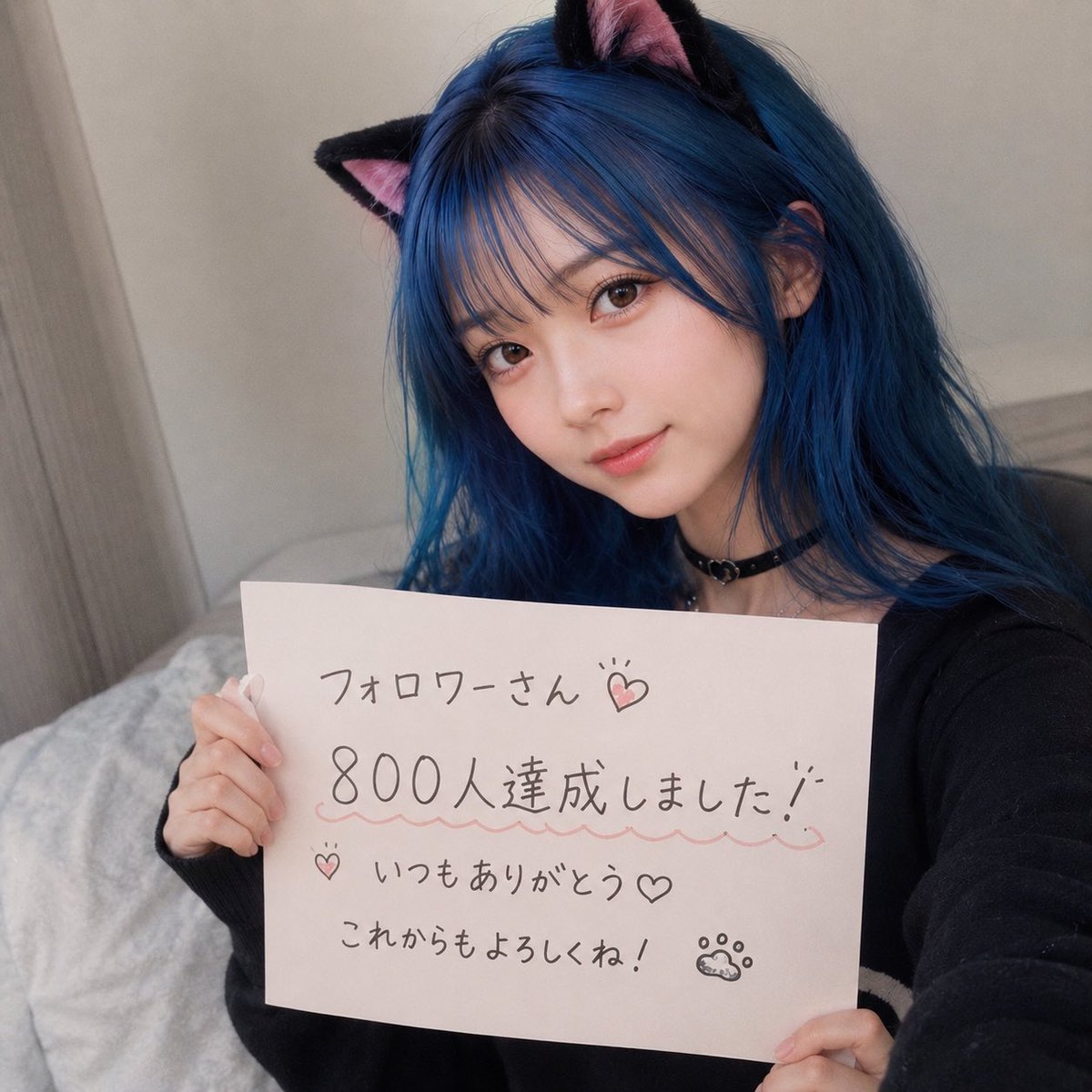 aya_ai2's tweet photo. フォロワーさん800人達成〜！！

ありがとうございます🥹💕

今回のお礼ポストは、AI美女ちゃんにも手伝ってもらいました🐈‍⬛💙

いつもいいねやリプ、フォローしてくださる皆さんのおかげでここまで来れました！

これからもAI初心者なりに、いろいろ挑戦していきます🔥
引き続き仲良くしてもらえるとうれしいです☺️