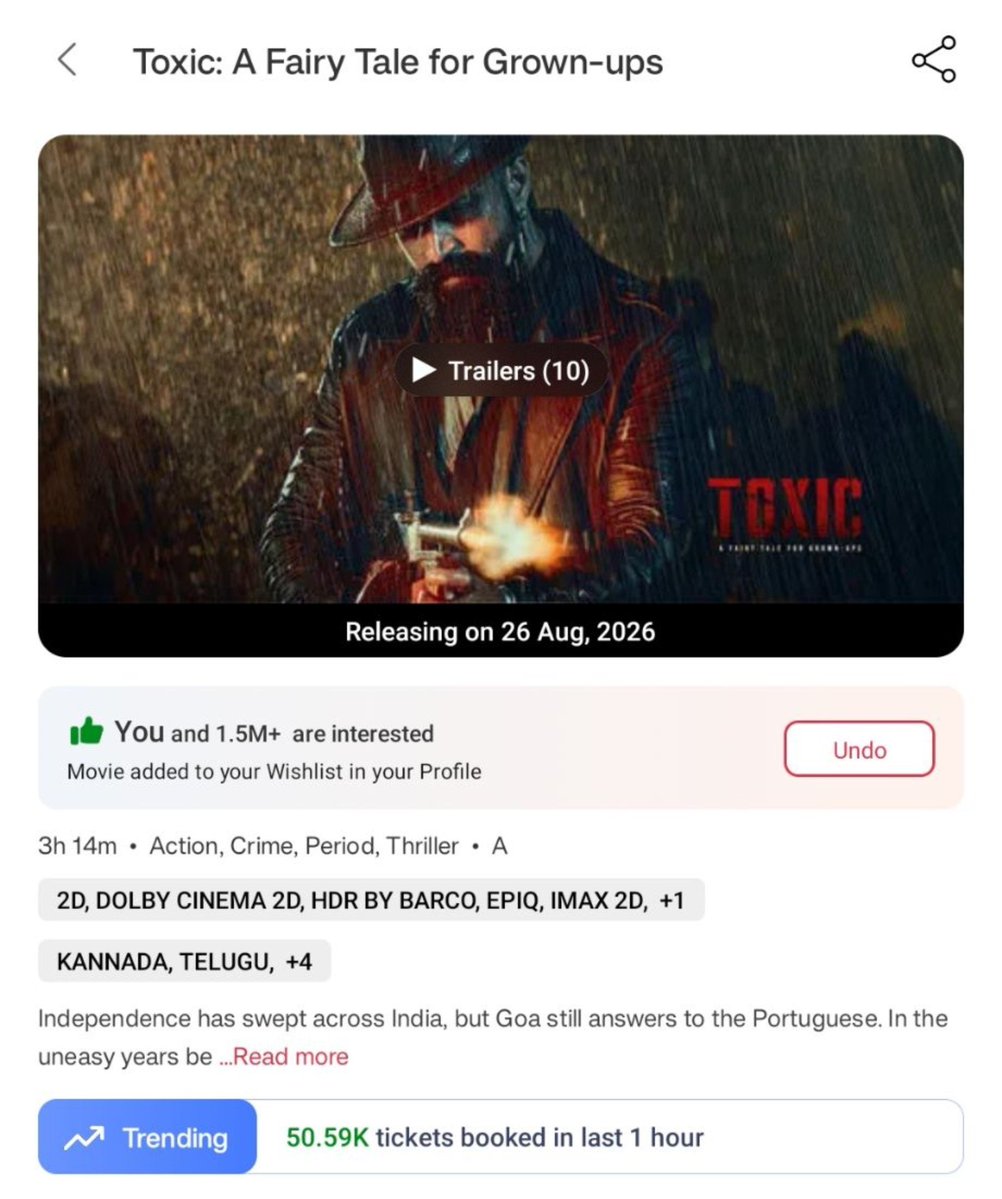 Shyam_TOXIC's tweet photo. ABSOLUTE MADNESSSSSSSS....!!!!

50K+ Tickets booked in last 1 hr 💥

#Yash #ToxicTheMovie https://t.co/oJu0kORdgT