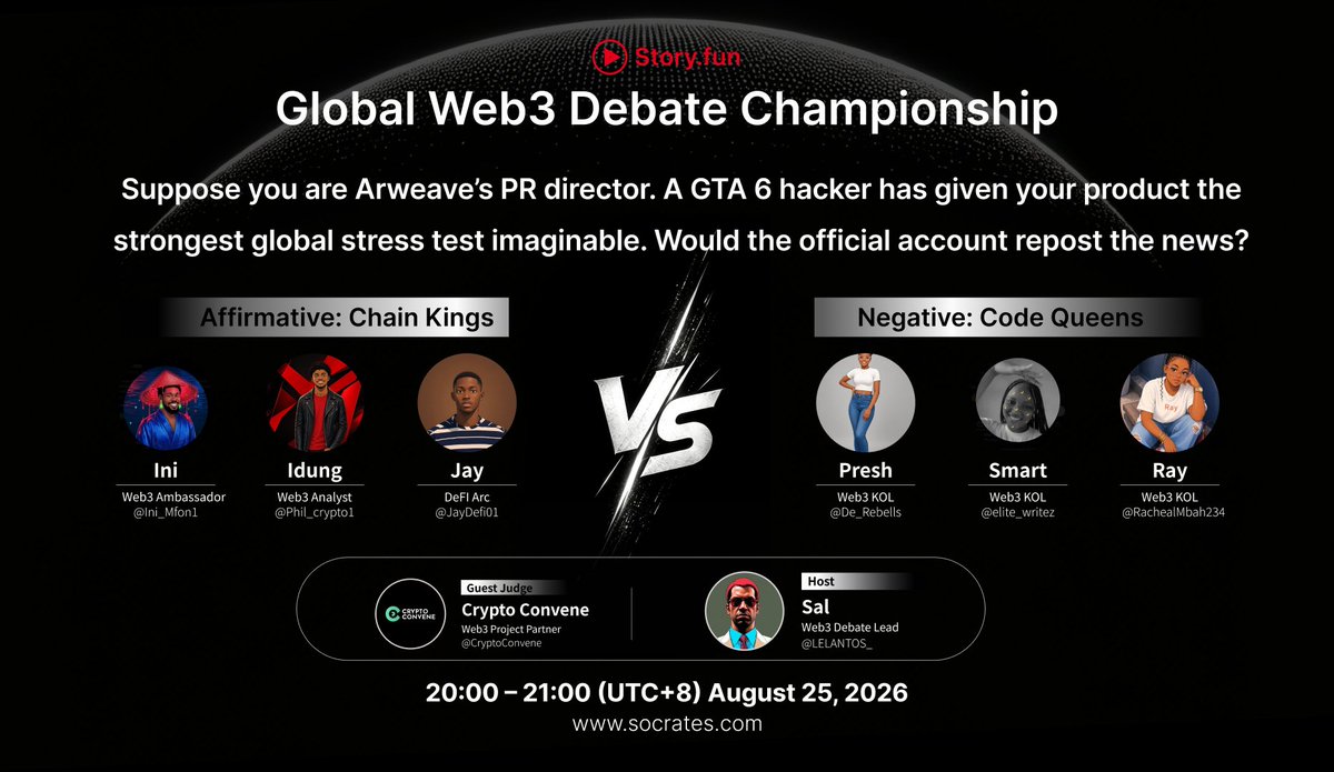 web3debate_en's tweet photo. 🔥 DOUBLE DEBATE DAY｜DAY 2 GOES INTO OVERDRIVE! ⚔️

Two debates. One day. Twice the heat.

1️⃣ DEBATE ONE
⏰ 20:00–21:00 (UTC+8), August 25, 2026
🎙️ X Space: https://t.co/faOBAewp74

Affirmative: Chain Kings
@Ini_Mfon1 • @Phil_crypto1 • @JayDefi01 

Negative: Code Queens
@De_Rebells • @elite_writez • @RachealMbah234

Guest judge: @CryptoConvene
Host: @LELANTOS_

💬 Got a topic worth debating? Drop it below - the best takes could make it into our official debate pool.

🔔 Set your reminder and join us live!

#Web3Debate