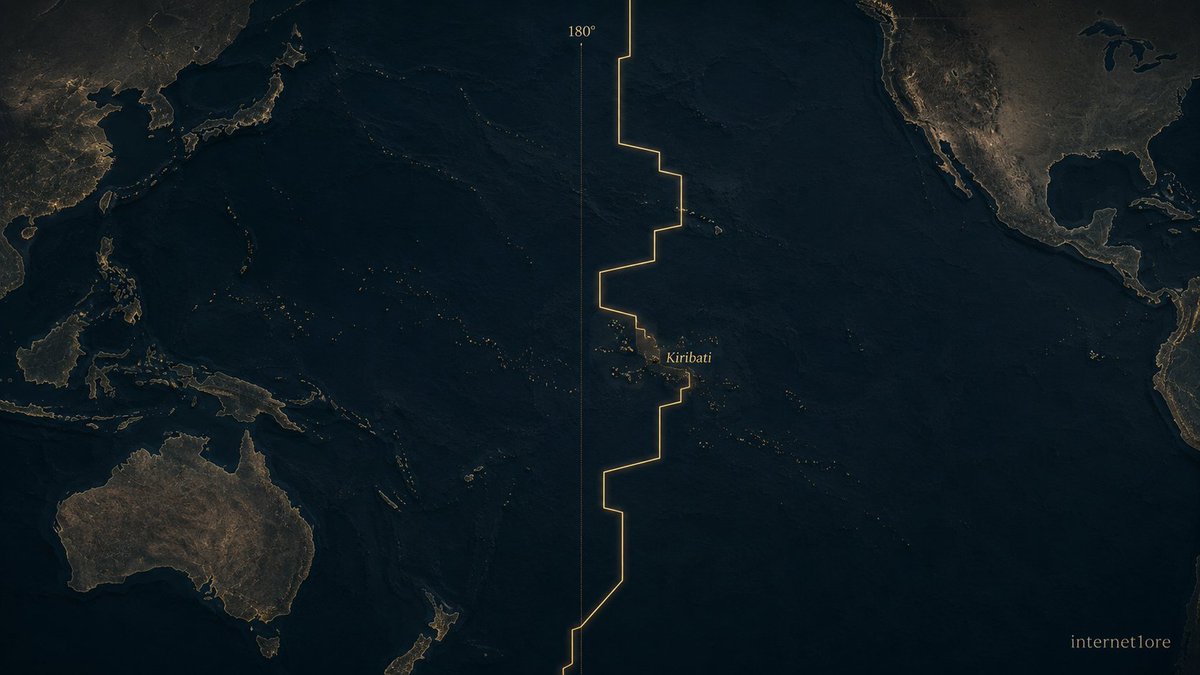 Internet1ore's tweet photo. The International Date Line is not a straight line down the Pacific.

It bends around countries.

Kiribati once had islands on opposite sides of the calendar boundary, leaving parts of the same country nearly a day apart.

So in 1994, its eastern islands moved their clocks forward by 24 hours.

The geography didn't move.

The calendar boundary did.