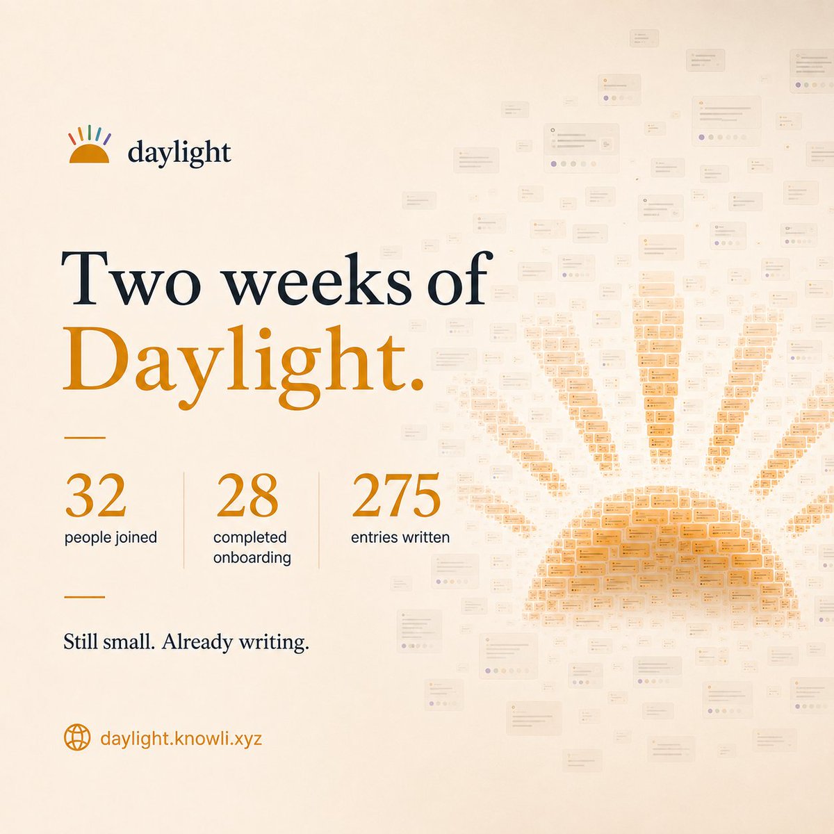 knowlihq's tweet photo. Two weeks of Daylight.

32 people have joined.
28 made it through onboarding.
275 entries have been written.

We're still small, but people are actually showing up to write about their days.

That's the part we're most excited about.

Thank you to everyone who’s been here from the start and shared feedback. ❤️

If Daylight has been useful, share it with someone who might enjoy it too.

https://t.co/KfEPHgQKm4